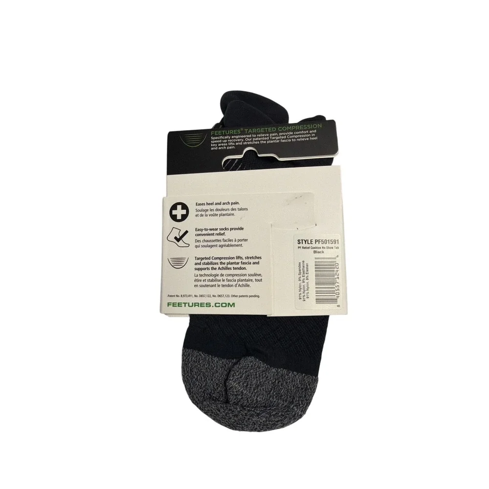 Feetures Plantar Fasciitis Relief Socks Black No Show Tab Light Cushion Small